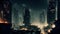 cinematic cityscape view of a massive futuristic cyberpunk city at night with glowing tall buildings