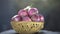 Cinematic close-up shot of a bowl of onions with blurred background. Onions in a wooden basket. Red onions in a wicker basket.