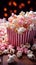 Cinematic delight Fresh popcorn pops in vibrant pink, gracing a cinematic  themed table