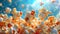 Cinematic explosion of popcorns close up with a blue background