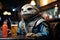 cinematic film still, character wearing a blue space suit, sitting in a bar