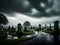 Cinematic horror: photorealistic cemetery dark storm UHD