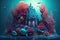 Cinematic illustration of a mermaid castle in deep blue ocean with group of vibrant colored algae