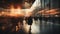 Cinematic image of blurred people walking in modern city, moody colors, evening time, dynamic movement, motion blur.