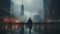 Cinematic image of blurred people walking in modern city, moody colors, evening time, dynamic movement, motion blur.