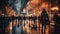 Cinematic image of blurred people walking in modern city, moody colors, evening time, dynamic movement, motion blur.