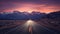 A cinematic journey through twilight, an open road slicing through snow-capped rugged mountains