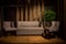 Cinematic Light. A gray sofa and two gray chairs on wooden legs stand on a brown wooden podium