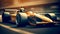 A Cinematic Low-angle Shot of an Orange Open-Wheel Race Car Driving Down a Street with a Blurred Background