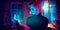 Cinematic portrait of handsome young man in neon lighted interior