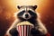 Cinematic portrait of a raccoon holding a red and white striped popcorn bucket and watching movie at the cinema, with a