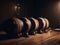 A Cinematic Portrait of Wine Barrels in a Darkly Room.