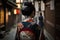 Cinematic scene of Tokyo Cityscape. Woman in traditional japanese kimono walking. Illustration digital art background. Ai