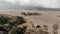 Cinematic shot aerial view of Pura Luhur Poten hindu temple near Mount Bromo volcano in East Java