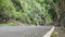 Cinematic shot of young tourists riding a motorbike on a paved road in countryside.