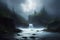 Cinematic and surreal cloudy and misty forest with mystical river and waterfall, created with Generative AI technology