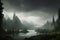 Cinematic and surreal forest with an ominous lake and misty and dark cloudy sunset, created with Generative AI