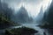 Cinematic and surreal forest with a ominous lake and misty sunset, created with Generative AI technology