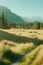 Cinematic and surreal image of double tracks running through long grass through forest, created with Generative AI