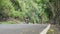 Cinematic of tourists riding a motorbike on paved road in countryside of Asia.