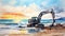Cinematic Watercolor Painting Of Excavator At Beach
