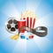 Cinematograph, film, popcorn, cola, and 3D glasses