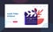 Cinematograph, Movie Making Process Website Landing Page. Man Studio Worker Assistant Stand on Huge Clapperboard