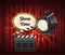 Cinematography cinema and movie vector illustration cinema equipment near red curtain on stage