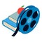 Cinematography concept icon isometric vector. Film spool two book and red apple