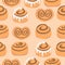 Cinnamon bun seamless pattern. Sweet roll with sugar glaze and chocolate on beige background