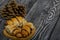 Cinnamon croissants. Rich pastries. Nearby pine cones. Close-up shot