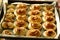 Cinnamon fresh baked sweet bun rolls dessert on tray