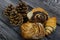 Cinnamon and poppy seed buns. Rich pastries. Nearby pine cones. Close-up shot