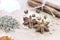 Cinnamon, safron, star anise and peper on a wooden table