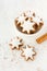 Cinnamon Star Cookies, Traditional German Zimtsterne in a Bowl with Copy Space