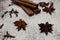 Cinnamon sticks and anise stars closeup on powdered sugar table. Cooking and baking background. Aromatic condiment and spices.