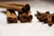 Cinnamon sticks and anise stars closeup on powdered sugar table. Cooking and baking background. Aromatic condiment and spices.