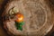 Cinnamon sticks tied and orange mandarin, green fresh mint, dried lemon slices on wooden background. selective focus, top view, pl