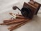 Cinnamon sticks, wooden coffee grinder and coffee grains and white flower on canvas
