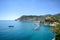 Cinque Terre: View to Monterosso al Mare beach from the Vernazza hiking trail in early summer, Liguria Italy