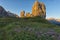 Cinque Torri mountains at sunset with pink flowers on foreground, Dolomites, Veneto, Italy