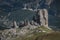 Cinque Torri at Passo di Falzarego in the Dolomite Alps from above