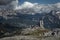 Cinque Torri at Passo di Falzarego in the Dolomite Alps during cloudy day from above