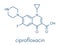 Ciprofloxacin antibiotic drug fluoroquinolone class molecule. Skeletal formula.