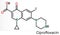Ciprofloxacin, quinolone molecule. It is a synthetic broad spectrum fluoroquinolone antibiotic. Skeletal chemical formula