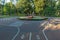 Circle of bike paths with markings in the city park. Kremenchuk city, Ukraine