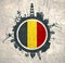 Circle with cargo port and travel relative silhouettes. Belgium flag.