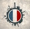 Circle with cargo port and travel relative silhouettes. France flag.