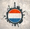 Circle with cargo port and travel relative silhouettes. Netherlands flag.