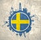 Circle with cargo port and travel relative silhouettes. Sweden flag.